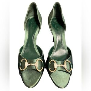 Gucci Emerald Green Satin Peep-Toe Stiletto Heels – Size 7.5